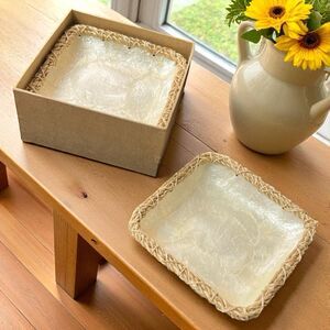 Vintage Capiz Shell Coasters Trays Dishes with Woven Rattan Edge Accent Set of 4
